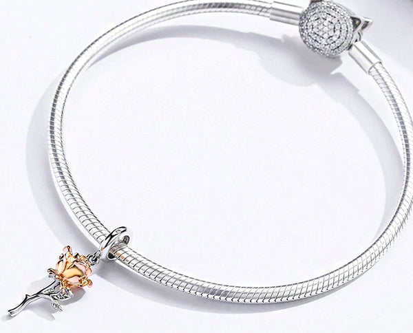 CHARMDANT: 3D Rose Flower Sterling Silver Rose Gold Color Charms / Pendant