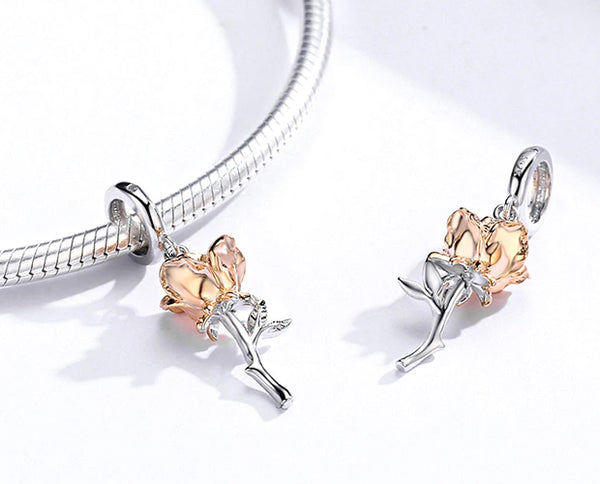 CHARMDANT: 3D Rose Flower Sterling Silver Rose Gold Color Charms / Pendant