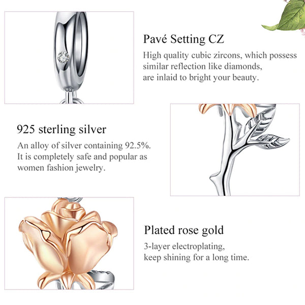 CHARMDANT: 3D Rose Flower Sterling Silver Rose Gold Color Charms / Pendant