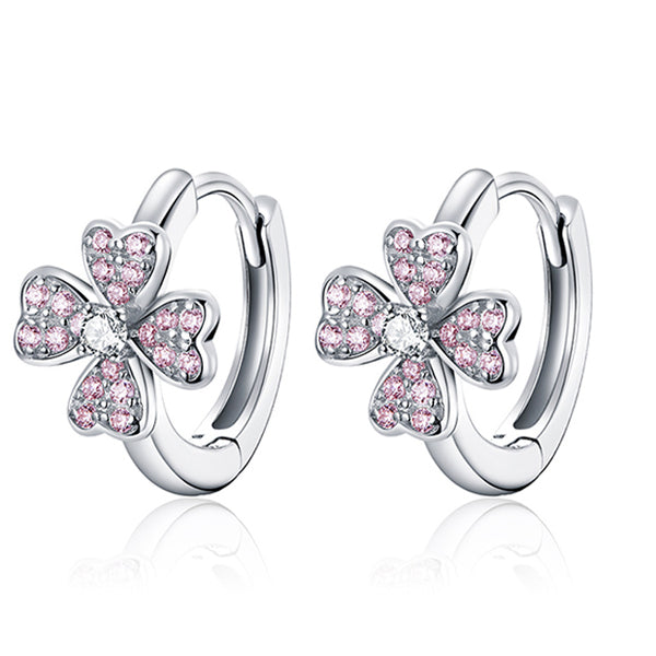 Earring: Sterling Silver Dazzling Pink Flower Ear Hoops Earrings