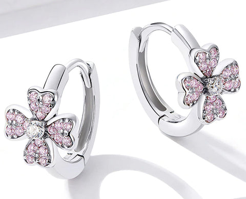 Earring: Sterling Silver Dazzling Pink Flower Ear Hoops Earrings