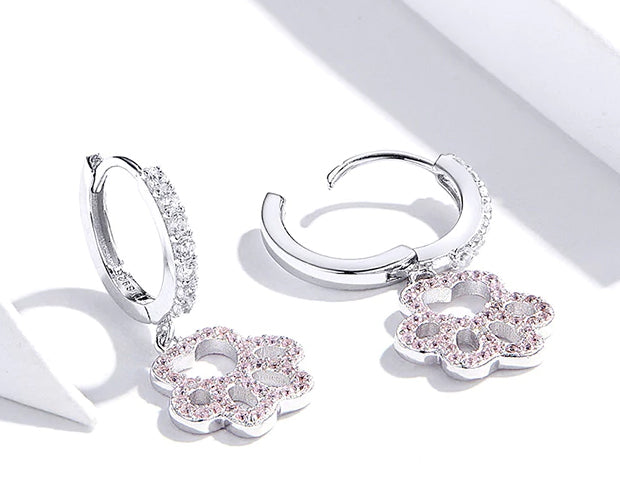 Earring: Sterling Silver Dog Paw Pink CZ Drop Earrings
