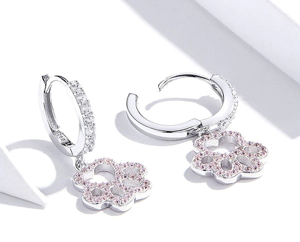 Earring: Sterling Silver Dog Paw Pink CZ Drop Earrings