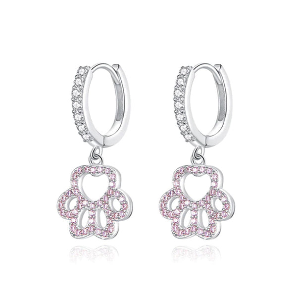 Earring: Sterling Silver Dog Paw Pink CZ Drop Earrings
