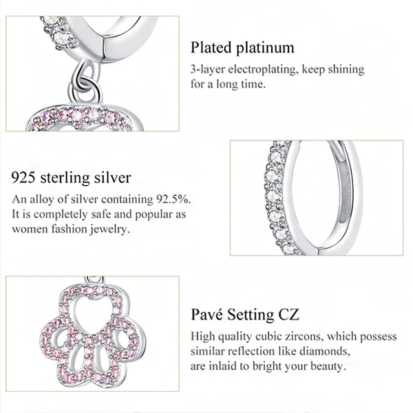 Earring: Sterling Silver Dog Paw Pink CZ Drop Earrings