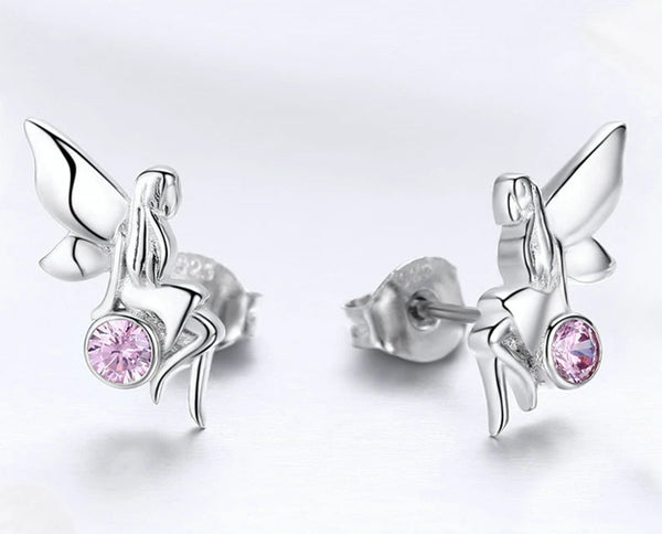 Sterling Silver Flower Fairy Pink CZ Stud Earring