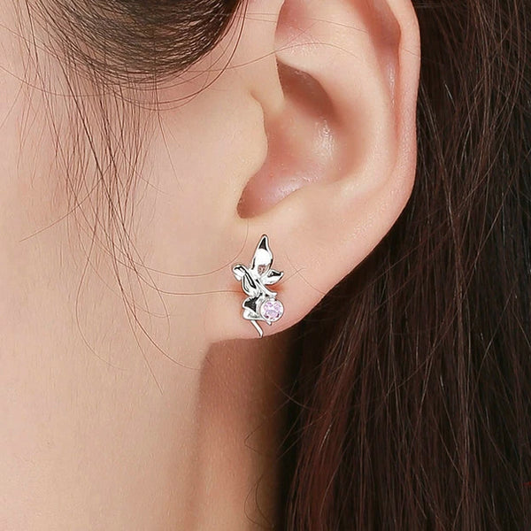 Sterling Silver Flower Fairy Pink CZ Stud Earring