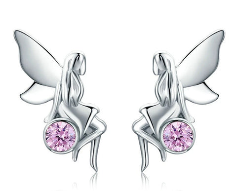 Sterling Silver Flower Fairy Pink CZ Stud Earring