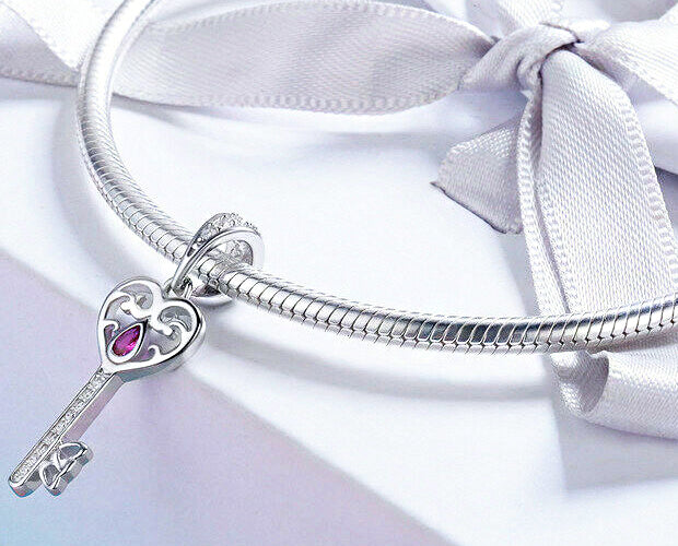 CHARMDANT: Sterling Silver Happiness Key Heart Shape Charm / Pendant