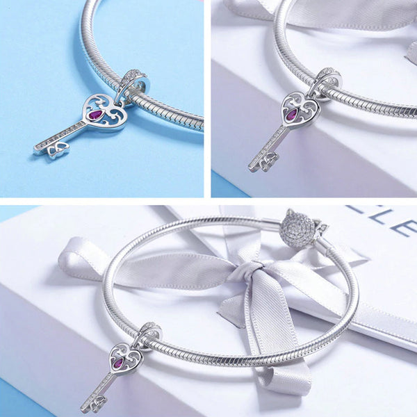 CHARMDANT: Sterling Silver Happiness Key Heart Shape Charm / Pendant