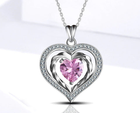 Sterling Silver Pink or Clear Large Heart Necklace