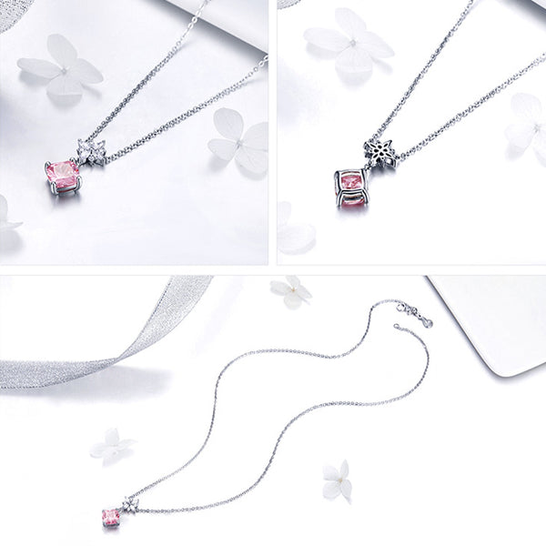 Necklace: Sterling Silver Pink Crystal Cube Necklace