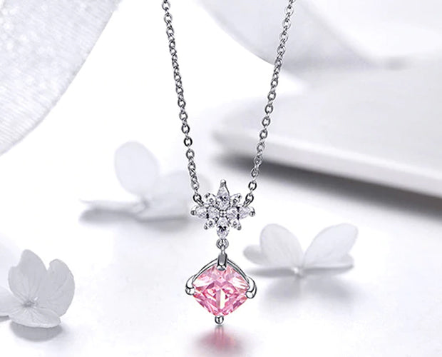 Necklace: Sterling Silver Pink Crystal Cube Necklace