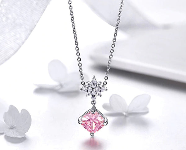 Necklace: Sterling Silver Pink Crystal Cube Necklace