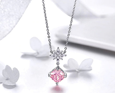 Necklace: Sterling Silver Pink Crystal Cube Necklace