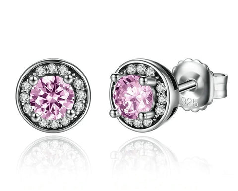 Sterling Silver Pink Stone Round Push Back Stud Earring