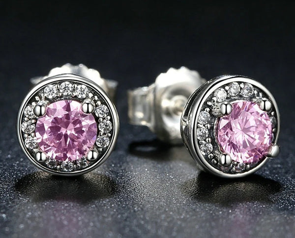 Sterling Silver Pink Stone Round Push Back Stud Earring