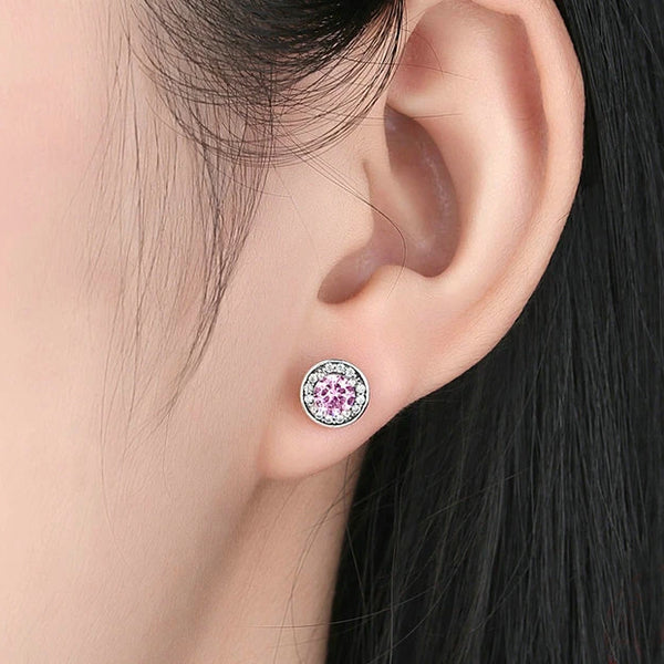 Sterling Silver Pink Stone Round Push Back Stud Earring