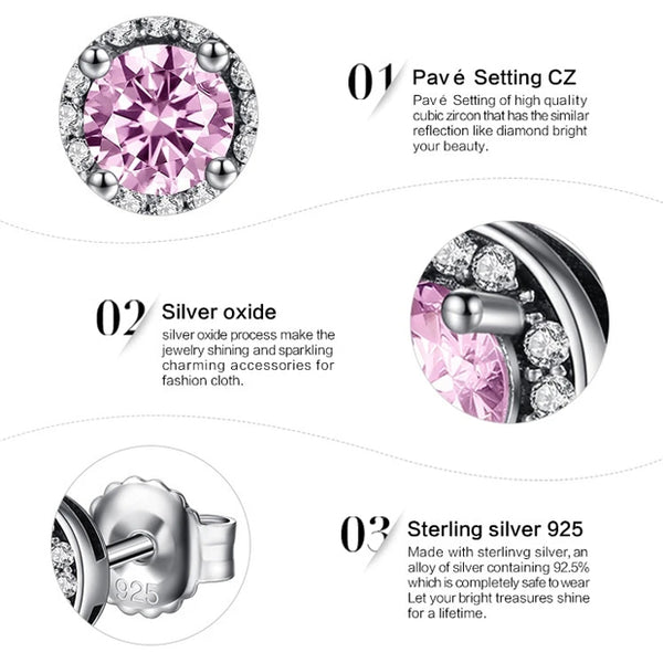 Sterling Silver Pink Stone Round Push Back Stud Earring