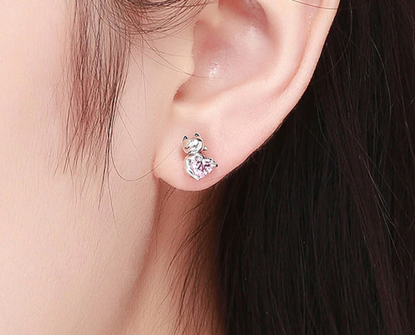 Earring: Sterling Silver Pussy Cat Pink CZ Small Stud Earring