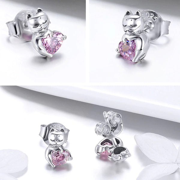 Earring: Sterling Silver Pussy Cat Pink CZ Small Stud Earring
