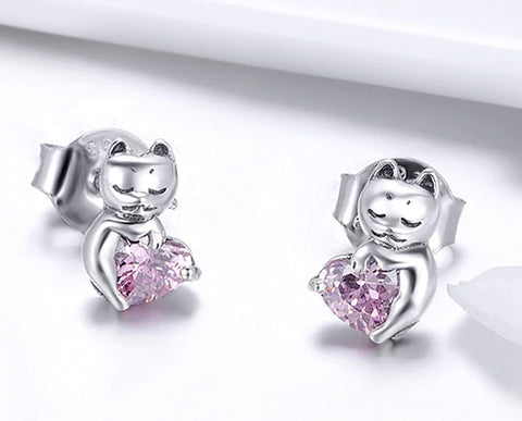 Earring: Sterling Silver Pussy Cat Pink CZ Small Stud Earring