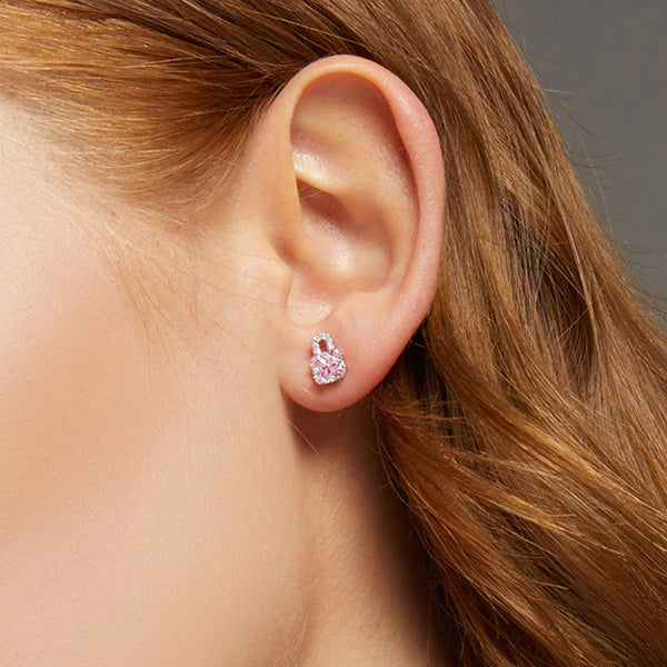 Earring: Sterling Silver Pink Flower Lock and Key Earring