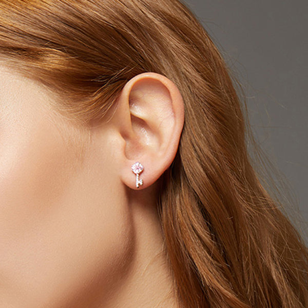 Earring: Sterling Silver Pink Flower Lock and Key Earring