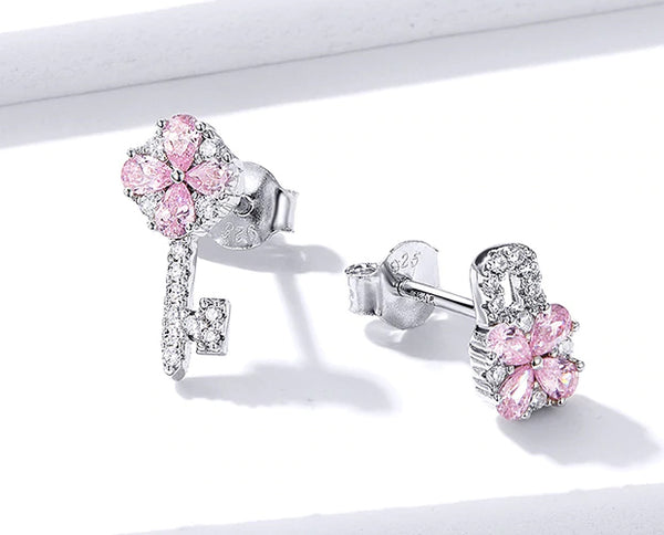 Earring: Sterling Silver Pink Flower Lock and Key Earring